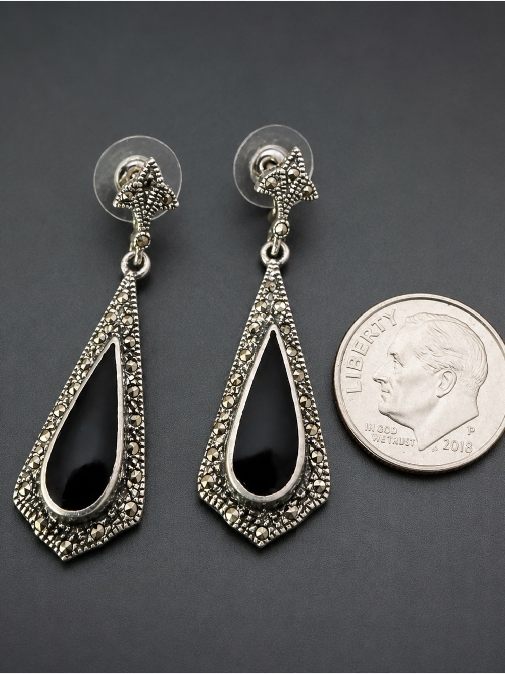Art Deco Style Sterling Silver Marcasite Black Stone Dangle Earrings Vintage - Picture 3 of 4